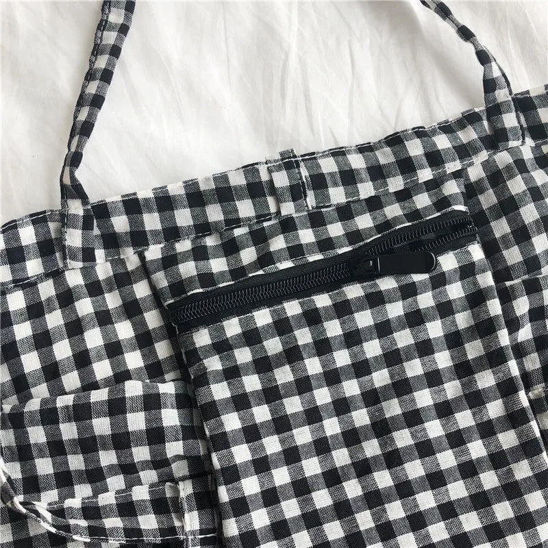 Fashion Women's Canvas Tote Shoulder Large Shopping Bag Plaid Eco Large Capacity Ladies Purse Pouch Girls Student Book Handbags