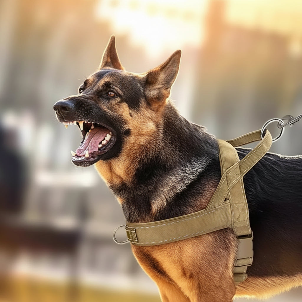 A German Shepherd  alert barking and wearing a tan tactical dog harness with attached leash hardware, photographed outdoors in warm golden light against a blurred background.
