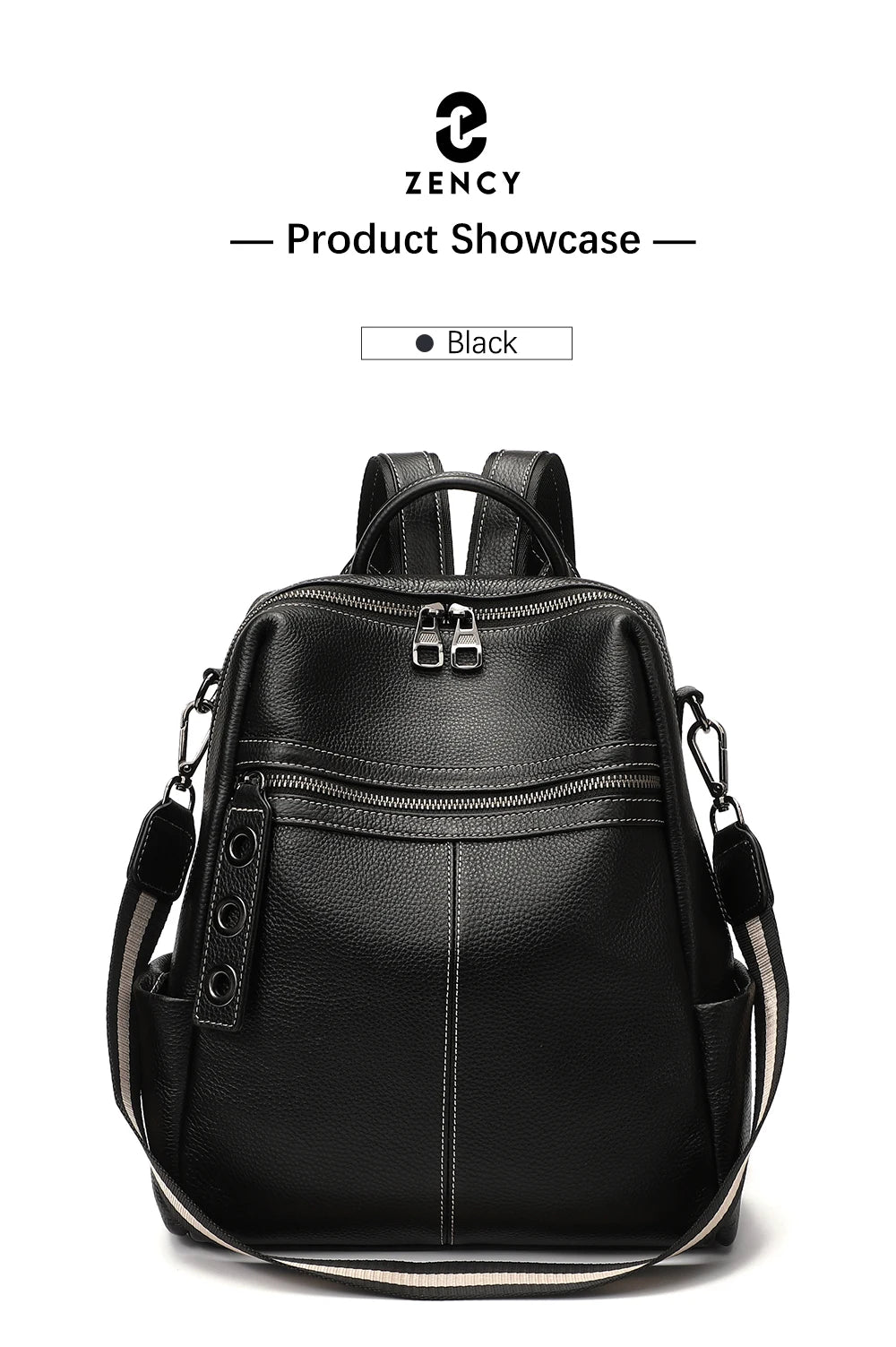 Zency 100% Genuine Leather Backpack For Women's High Quality Black Shoulder Bag Commuter Travel School Satchel Female Shopper