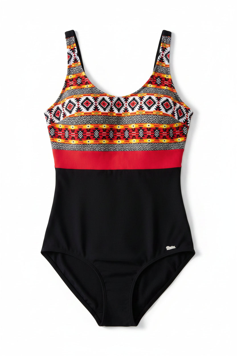 Boho Southwestern Tribal Stripe Pattern Print One-Piece Sport Swimsuit