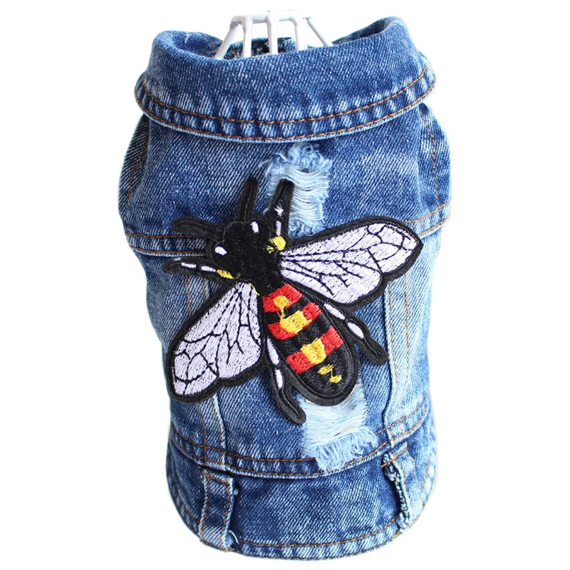 Embroidery-Accented Denim Doggie Vestie-Small Dog Jacket