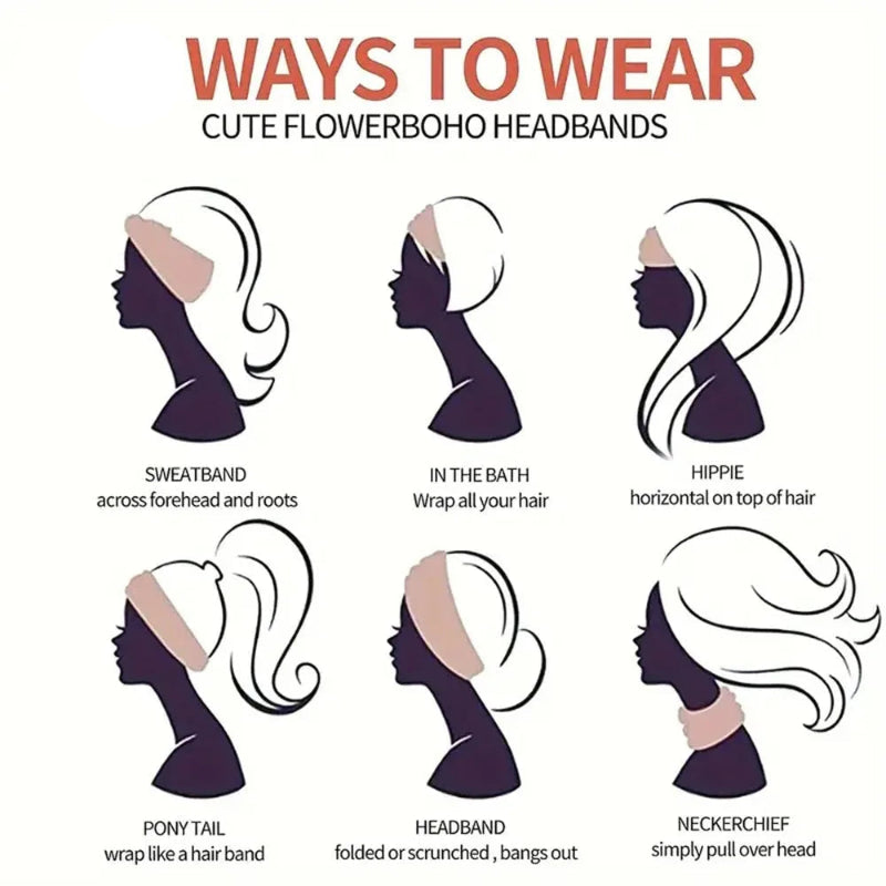 Illustrations showing different ways to wear a wide headband on a white background.