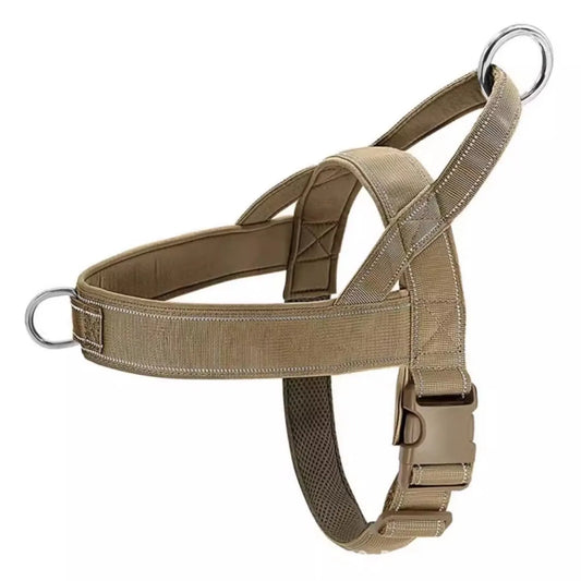 Khaki dog harness with metal rings on a white background