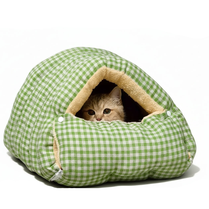 Cat peeking out from a green checkered-plaid pet bed