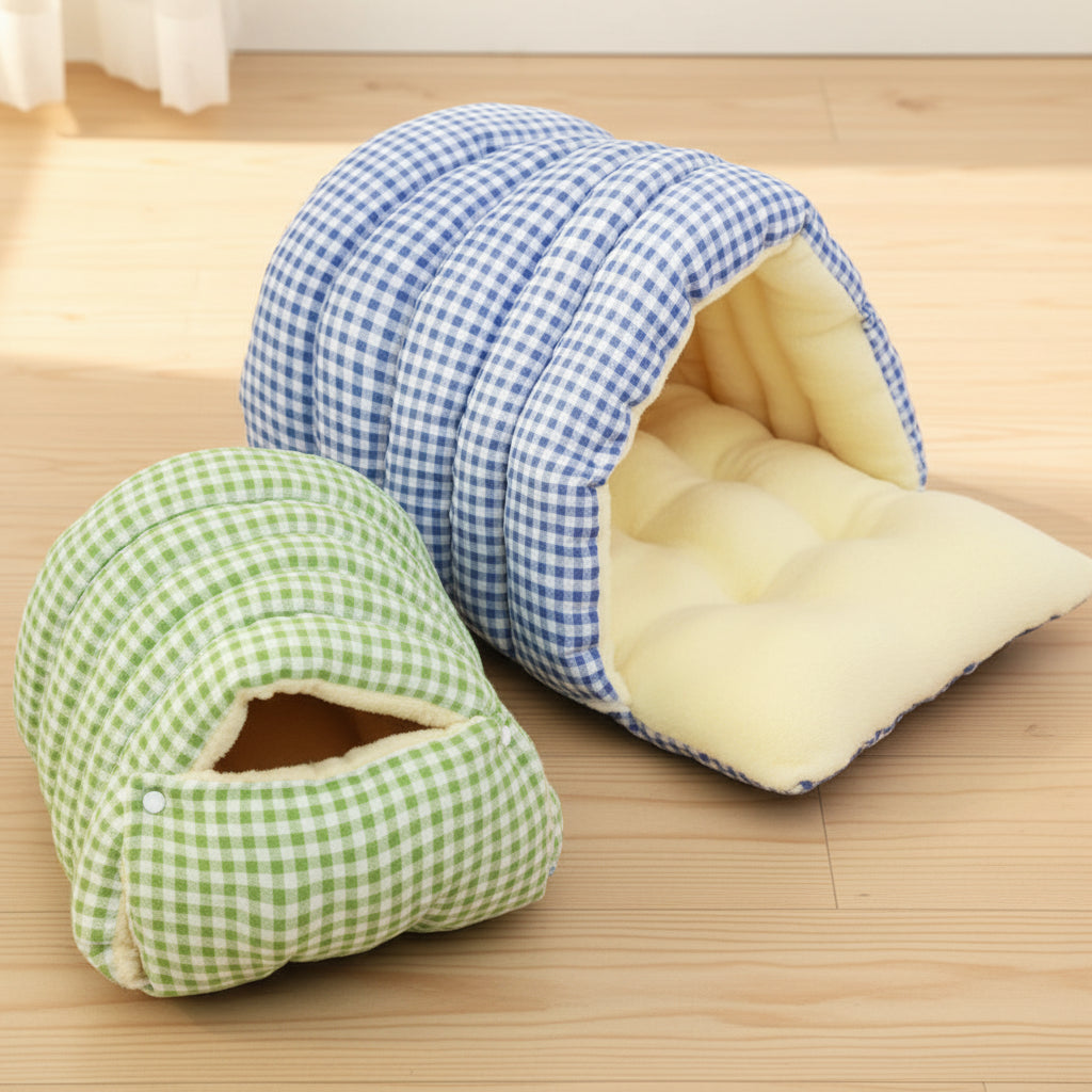 Rustic Gingham Cozy Cat & Small Pet Bed — Plush Comfort & Classic Plaid Snuggle Spot