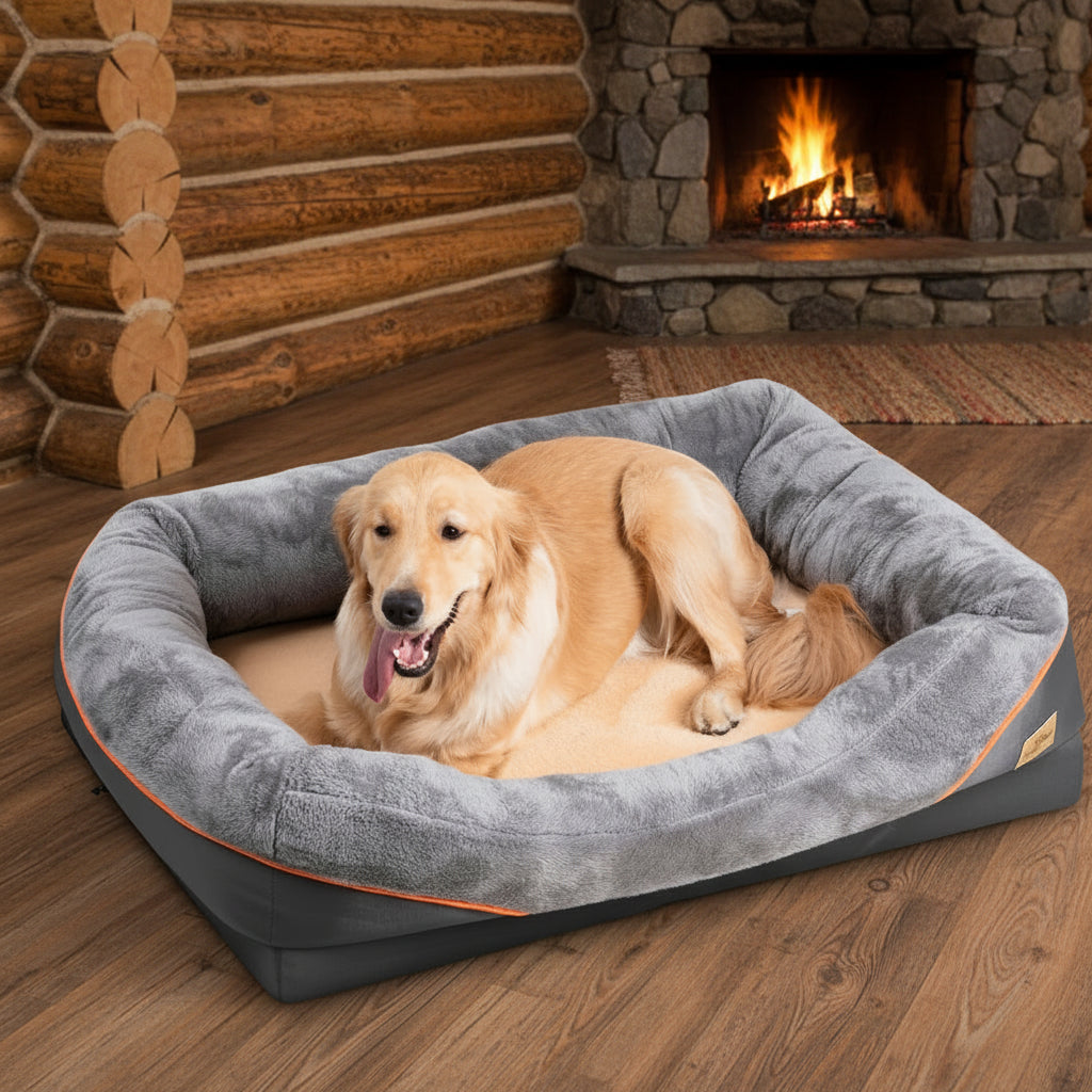 A golden retriever dog rests inside a plush gray and black pet bed in a log cabin.