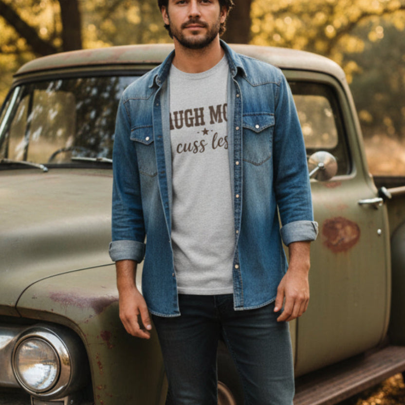 Gray t-shirt with black text on a young man with a denim shirt