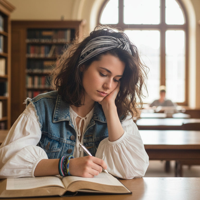 Woman wearing a wide headband studying in a library