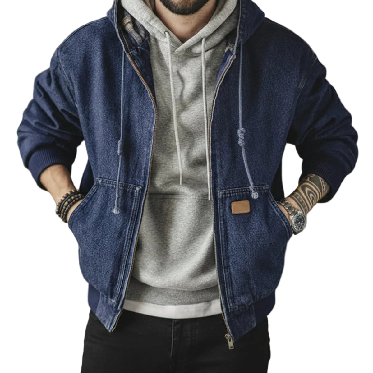 Man wearing a blue denim jacket over a gray hoodie 