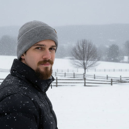 Man wearing a gray beanie and black jacket standing in a snowy landscape with a wooden fence and trees in the background.