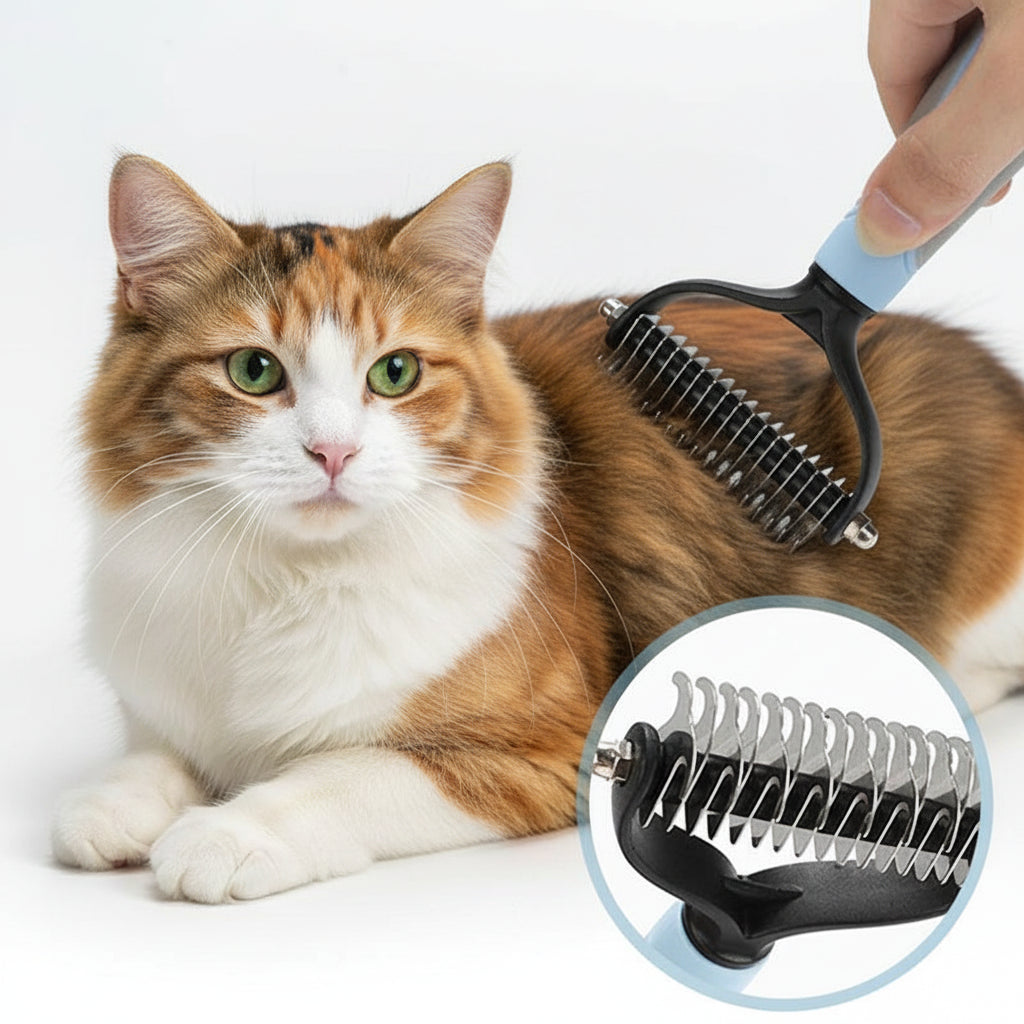 Cat being groomed with a pet grooming brush