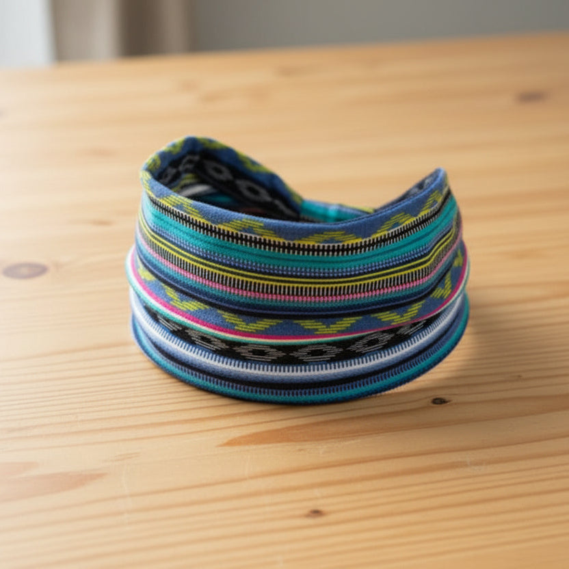 Multicolored patterned headband on a wooden surface