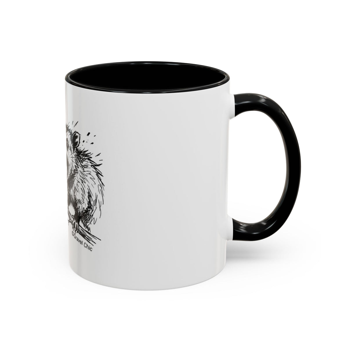 A white ceramic mug with a black interior, black handle, and a black line art illustration of a possum on the side.