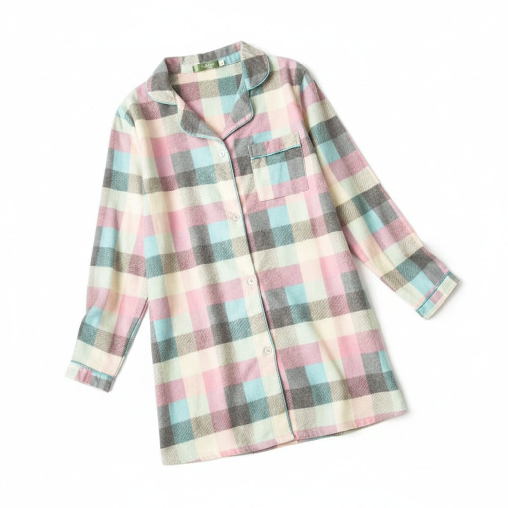 Pastel madras plaid nightshirt on a hanger against a white background