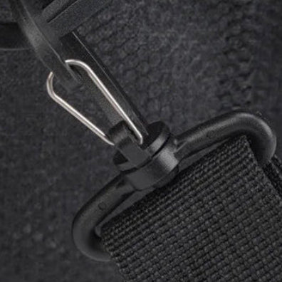 Buckle detail on pet carrying duffel bag