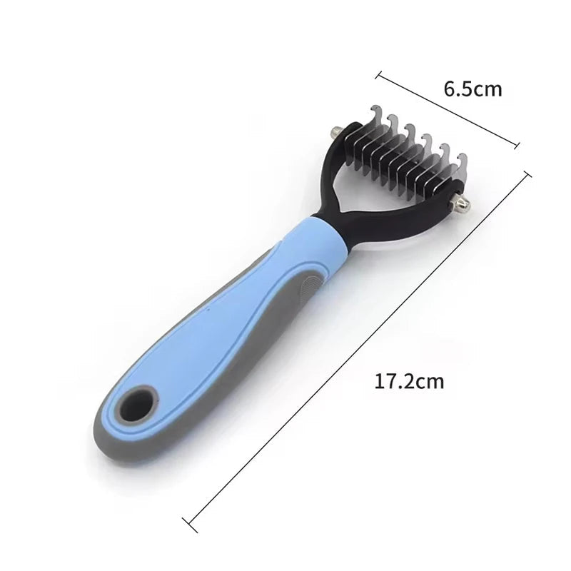 Pet grooming brush with blue handle and measurements on a white background