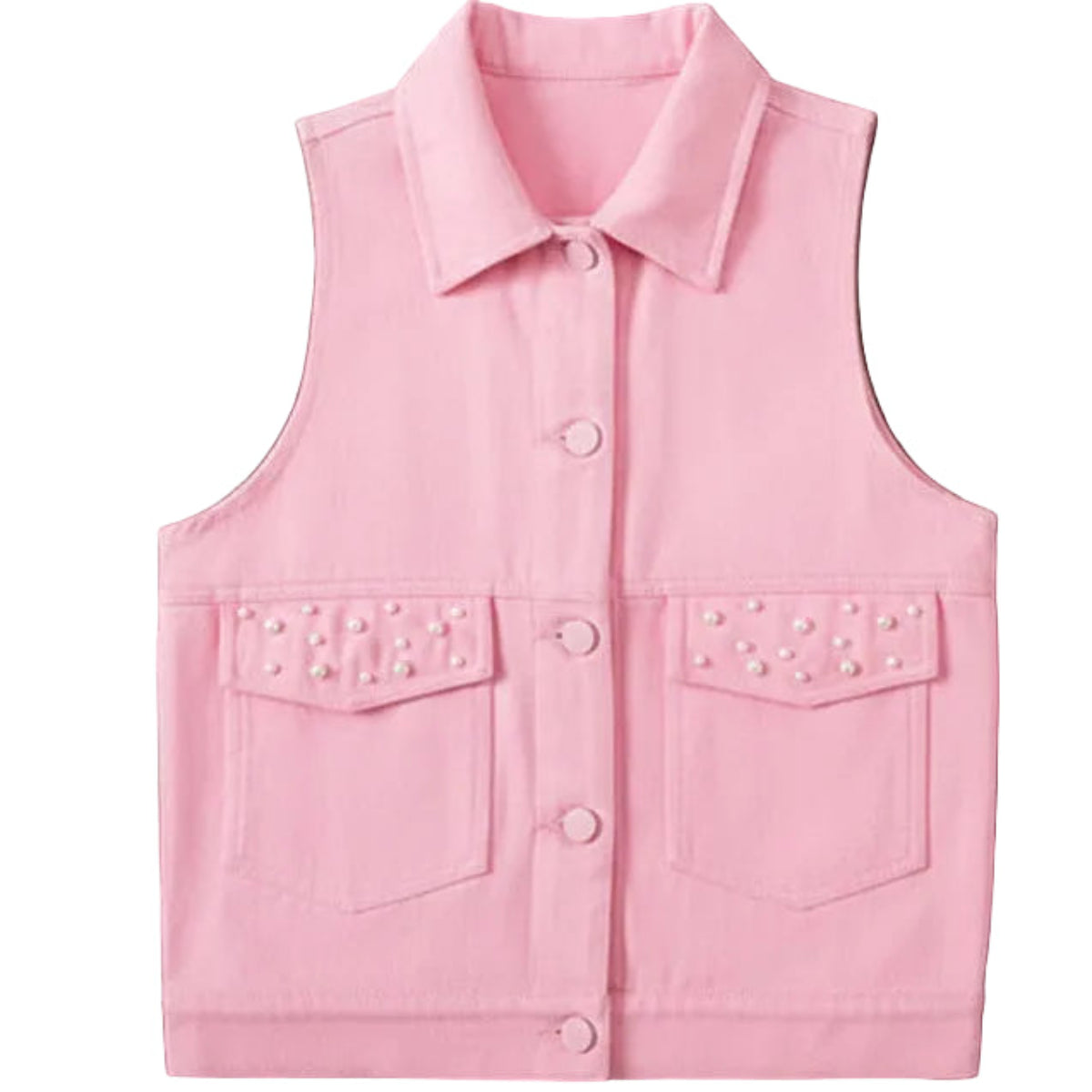 Pink vest with pearl embellishments on a wooden surface
