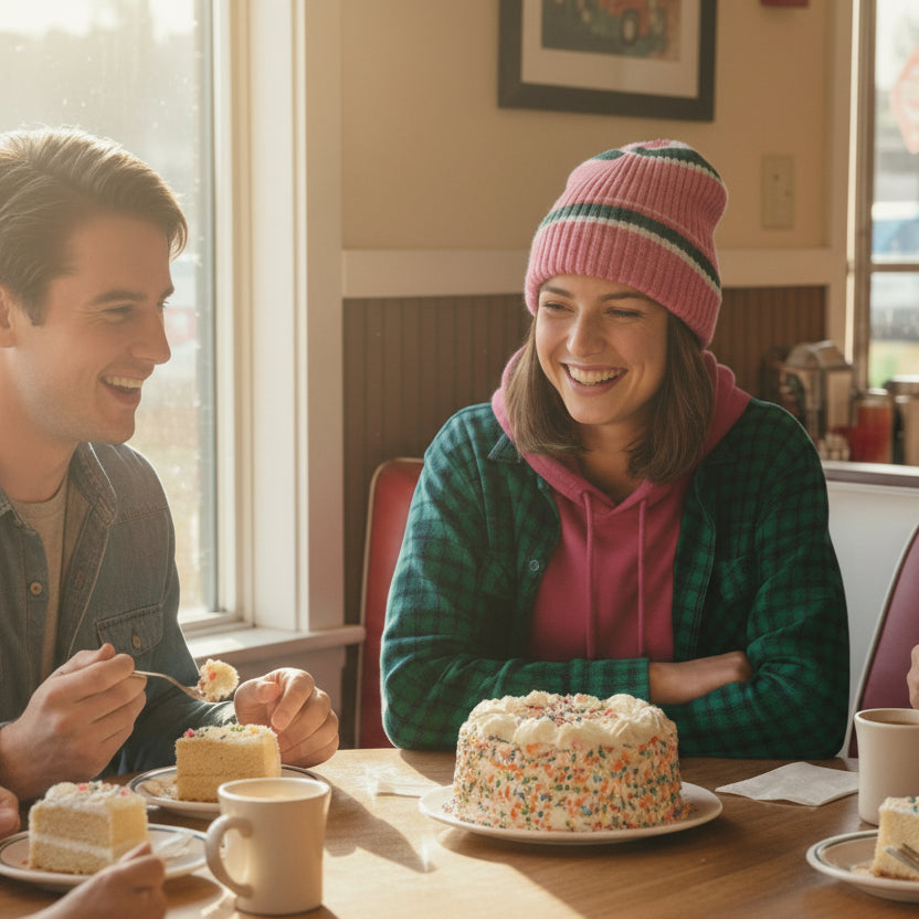 Two people celebrating a birthday with cake and coffee in a casual setting.