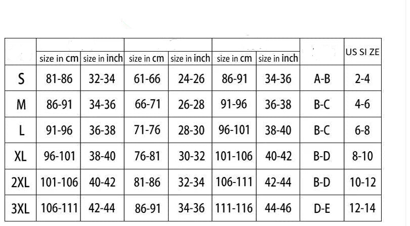 Size chart for clothing measurements in centimeters and inches