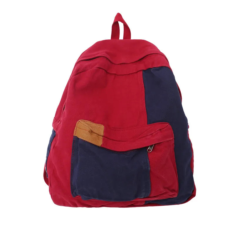 Red and navy backpack with a touch of brown