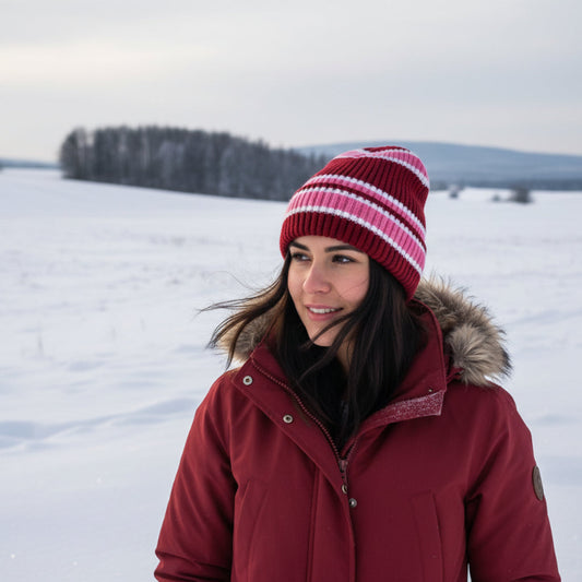 Woman wearing a red coat and striped beanie in a snowy landscape