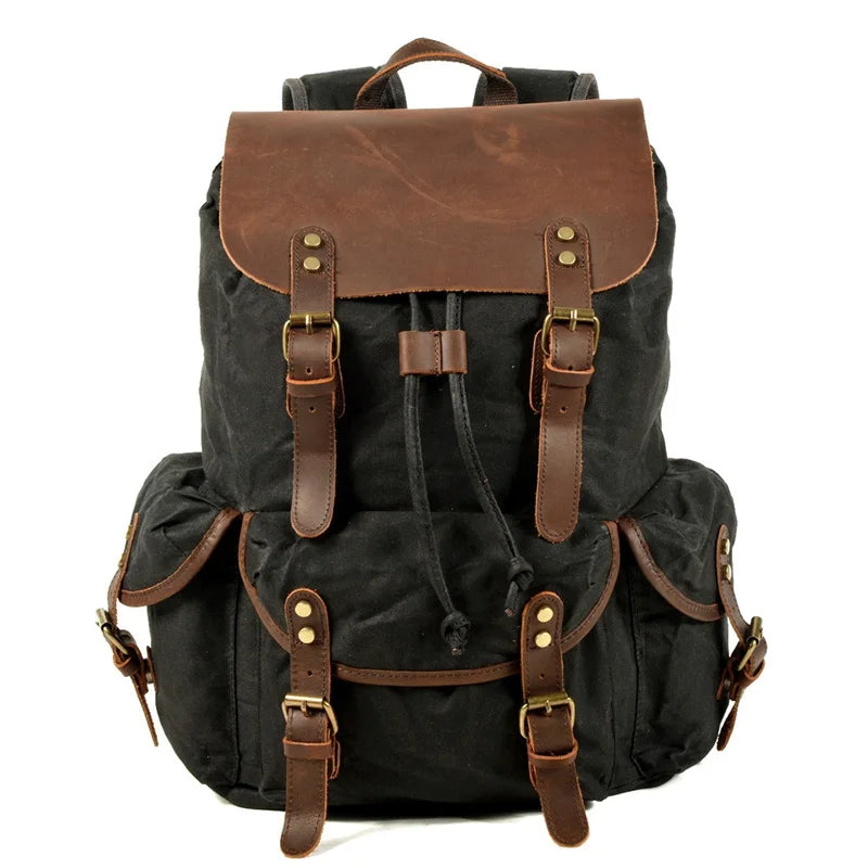 Nesitu Vintage A4 Genuine Leather Wax Canvas Women Backpacks for Men Laptop Daypacks Waterproof Rucksacks Large Travel Bag M6105