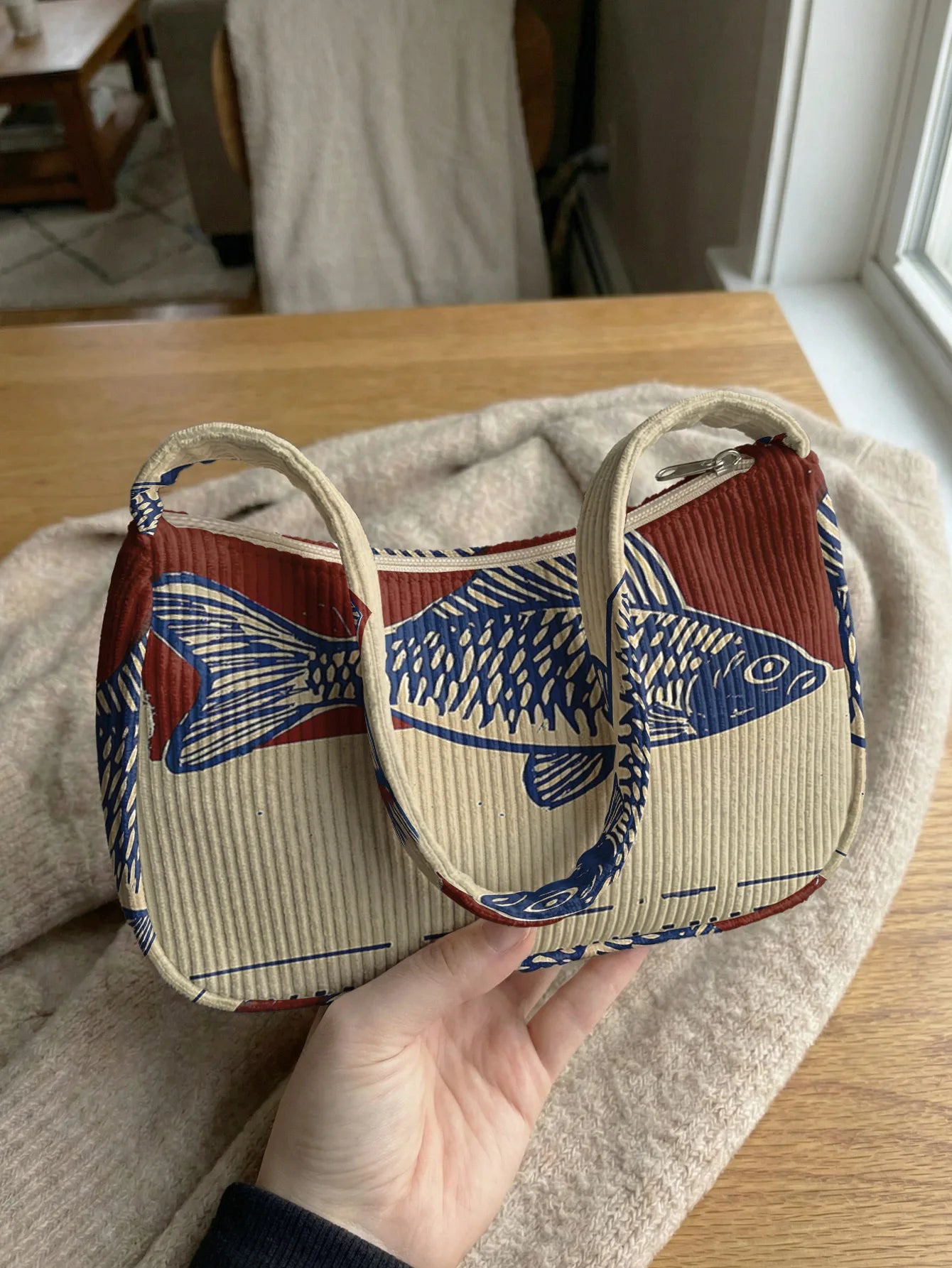 Trendy Blue Fish Print Shoulder Bag, Beige & Red Corduroy Underarm Bag for Daily Casual Use