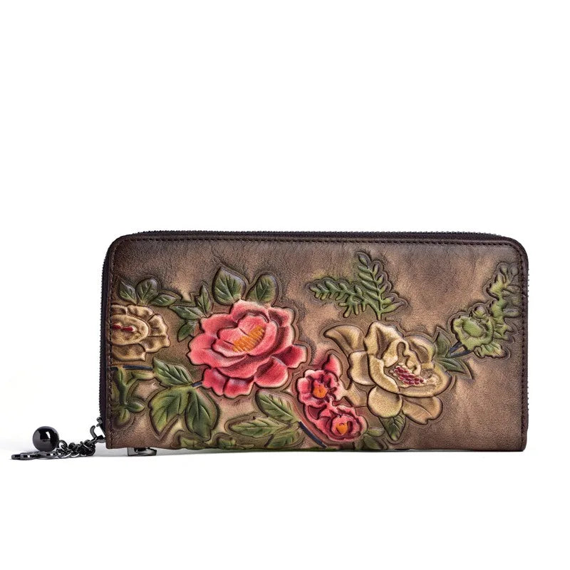 Nesitu Highend Vintage Long Size Flower Brown Coffee Red Top Grain Genuine Leather Women Clutch Wallet Lady Phone Purse M004