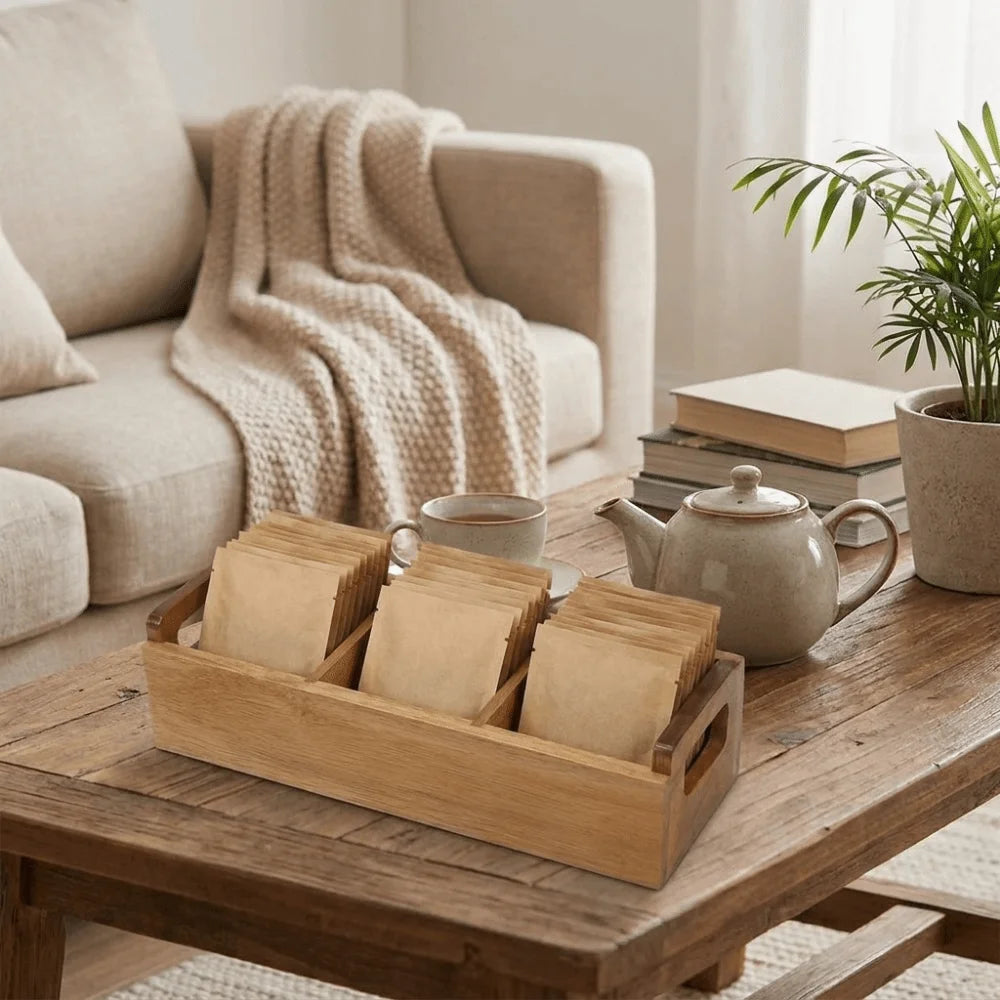 Practical Wooden Tea Bag Storage Box Dual Side Handles Large Capacity Sugar Packet Storage Box 3 Slots Tea Bag Holder Office