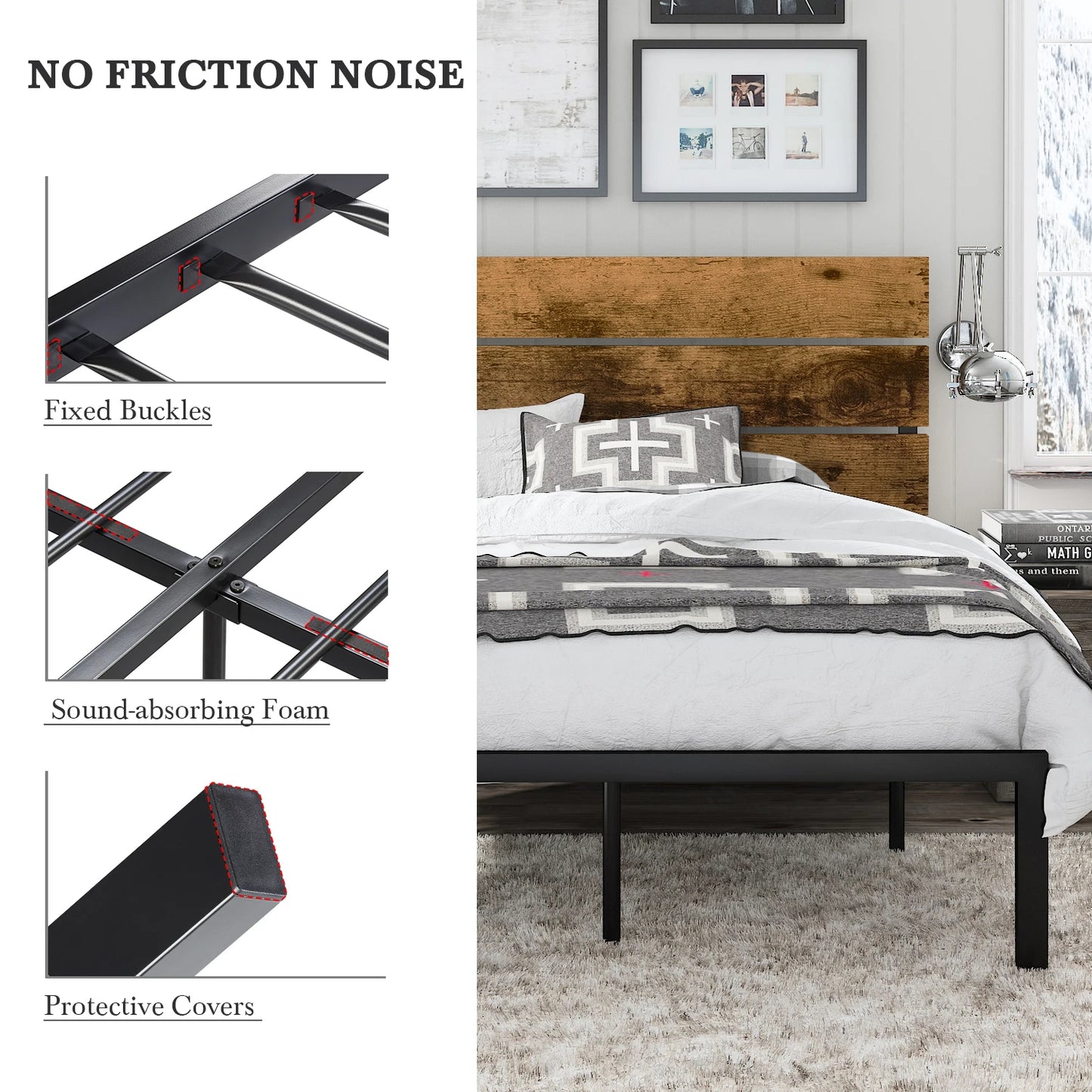Rustic Wooden Headboard/Heavy Duty Metal Platform Bed Frame