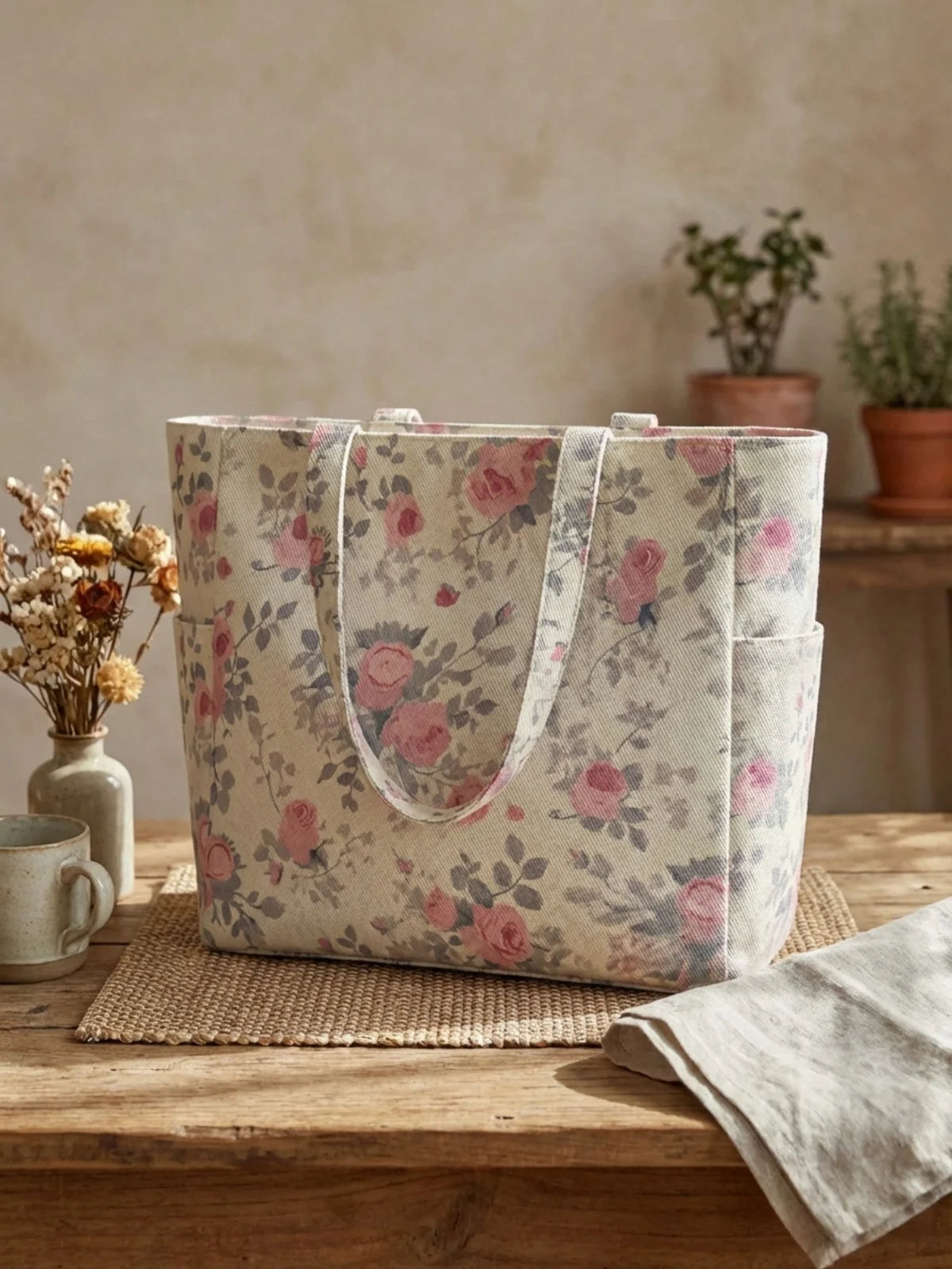 Floral printed large capacity women's handbag, canvas shoulder bag, casual commuting shopping bag