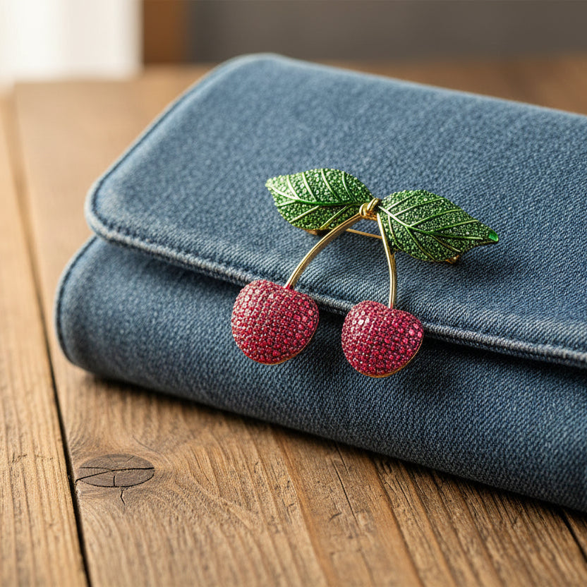 Bead-Textured Classic Country Cherries Motif Brooch