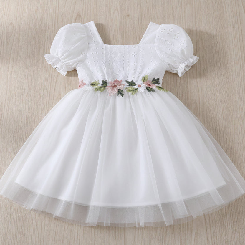 Girls' Knitted Lantern Sleeve Short-Sleeve Dress with Floral Embroidery, for Ages 4-7