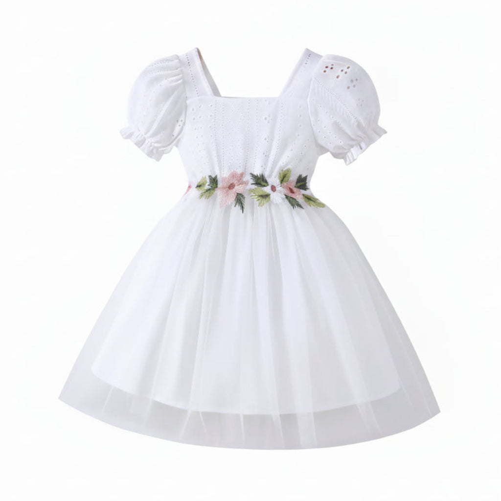 Girls' Knitted Lantern Sleeve Short-Sleeve Dress with Floral Embroidery, for Ages 4-7