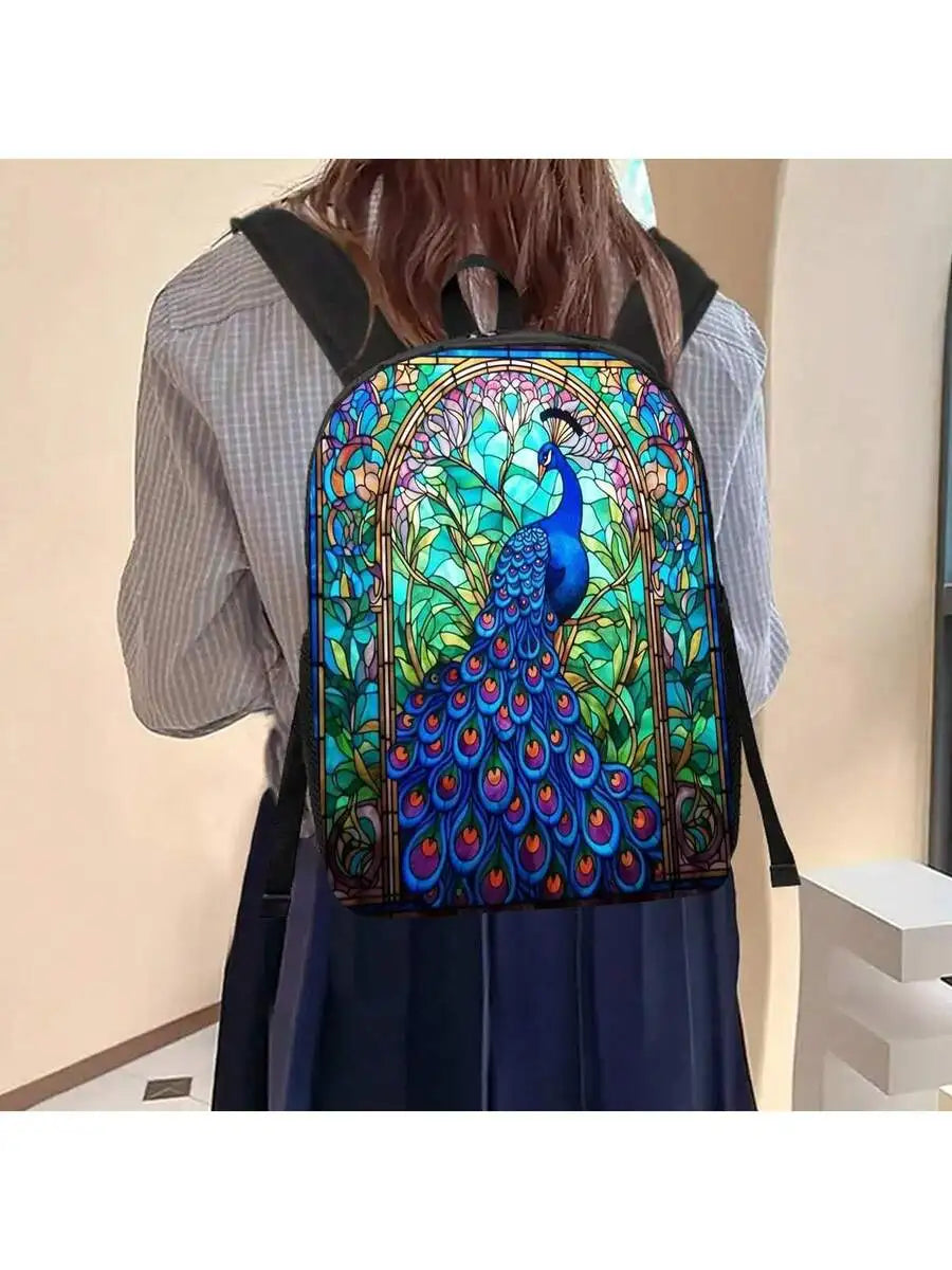 Stained Glass Peacock Print Backpack 17 Inch Large Capacity Lightweight Unisex School Travel Bag