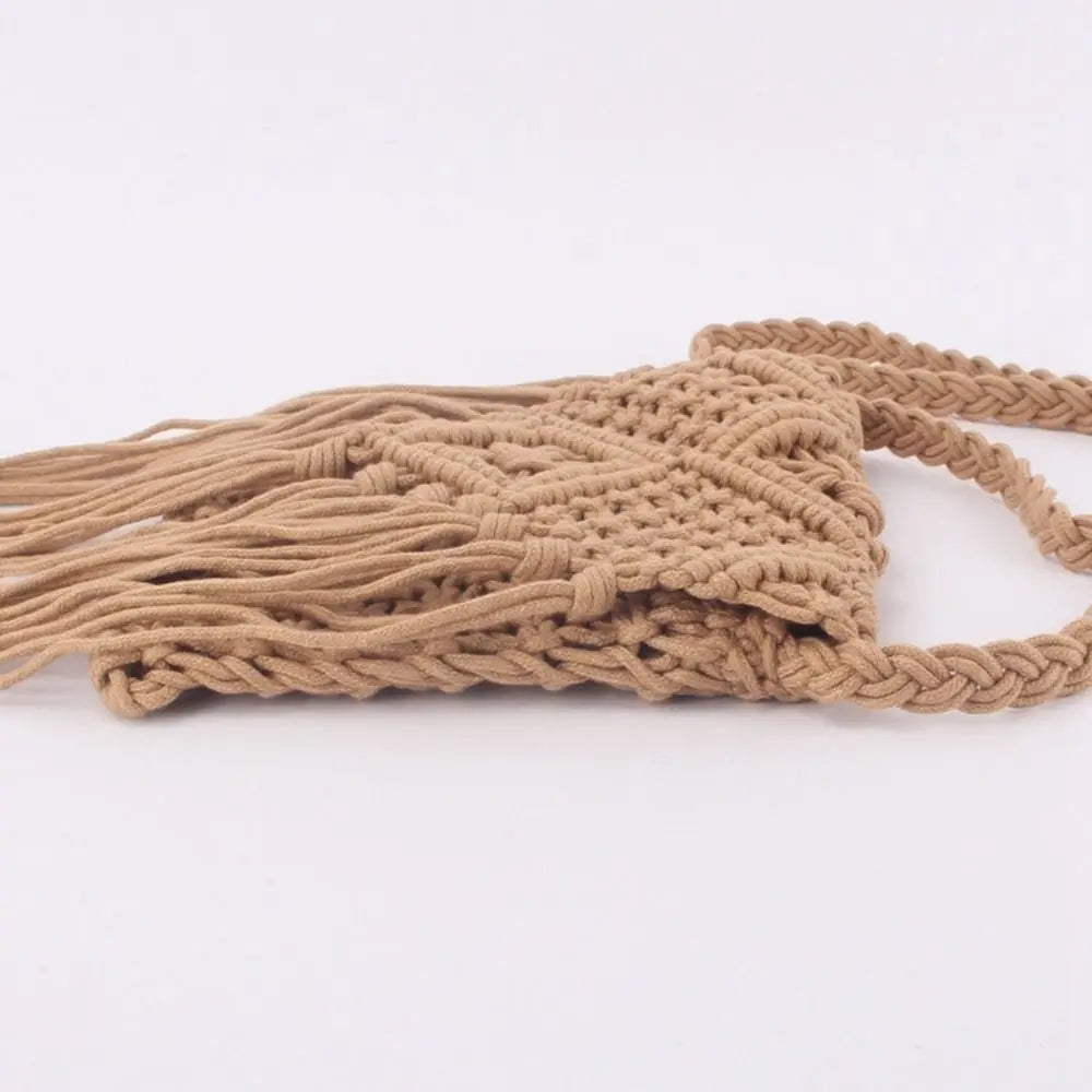 Simple Ethnic Style Woven Straw Bag Solid Color Fringe Tassel Shoulder Bag Coin Purse Phone Bag Women Crossbody Bag Beach