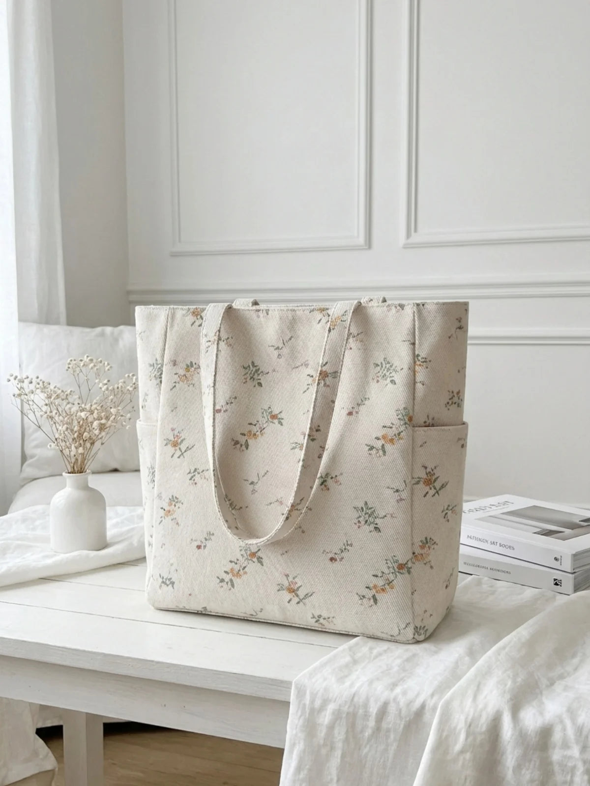 Floral printed large capacity women's handbag, canvas shoulder bag, casual commuting shopping bag