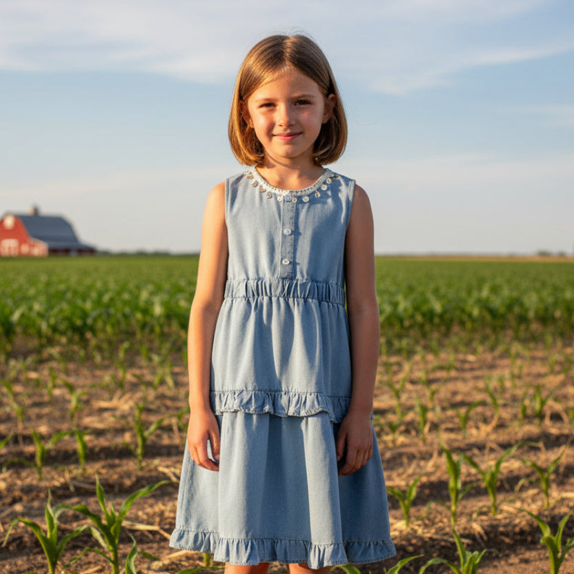 Girls Light Blue Denim Tiered Dress – Sleeveless Country Style Ruffle Chambray Dress for Young Girls & Tweens