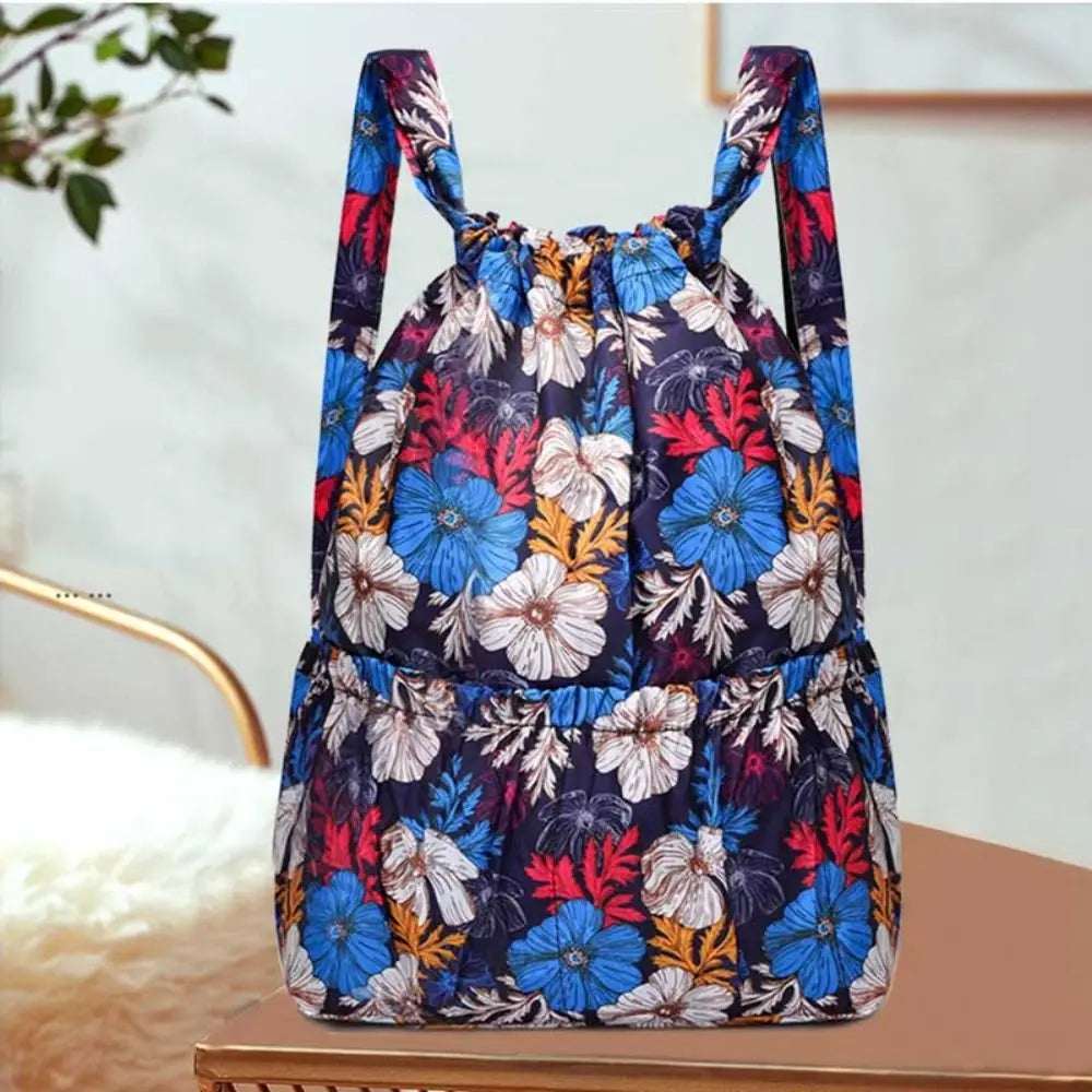 Multifunctional Floral Printed Drawstring Bag Polyester Waterproof Backpacks Fold Sports Travel Bag Teenage Girls