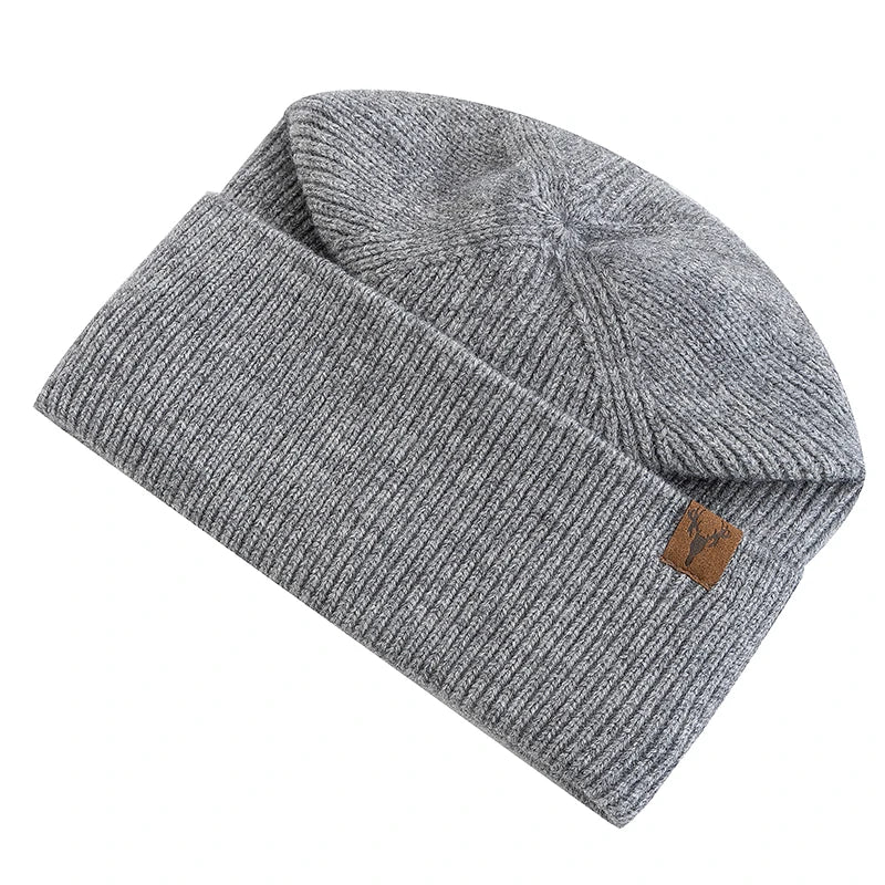 Winter Hat Plush Fleece-Lined Knit Cap--Knitted Hat w Deer Head Patch Accent