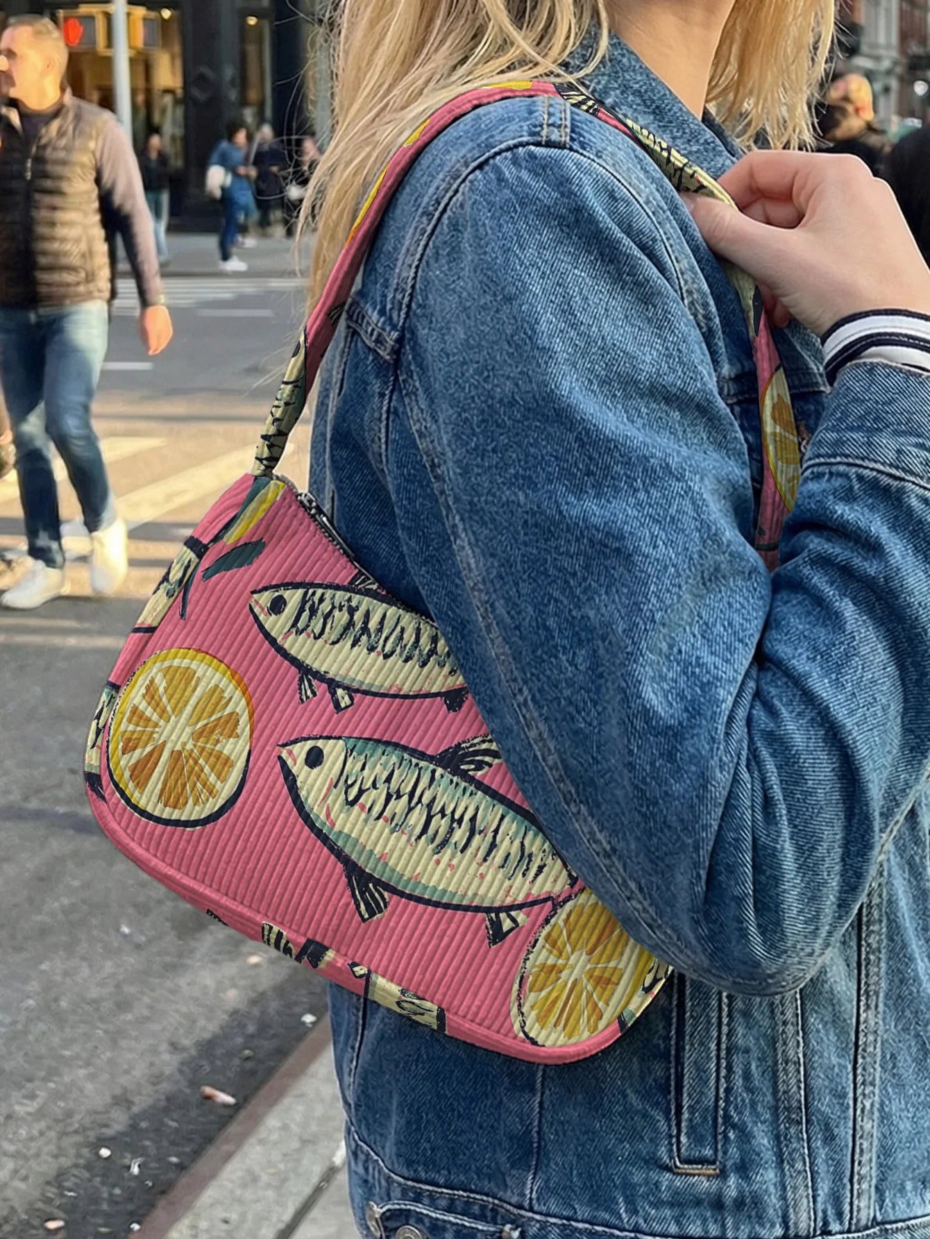 Trendy Fish & Lemon Print Shoulder Bag, Pink Corduroy Underarm Bag for Daily Casual Use
