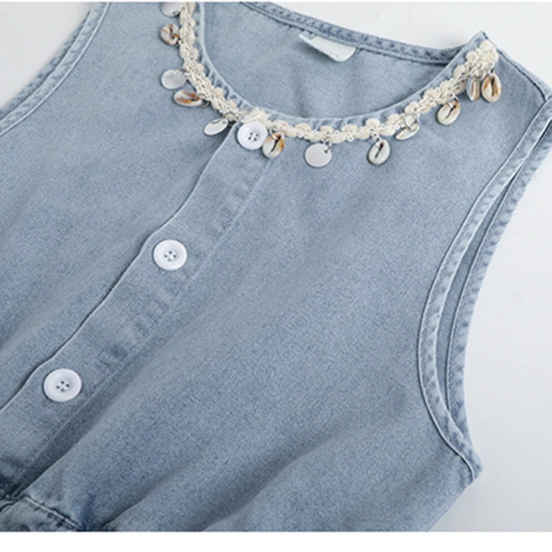 Girls Light Blue Denim Tiered Dress – Sleeveless Country Style Ruffle Chambray Dress for Young Girls & Tweens