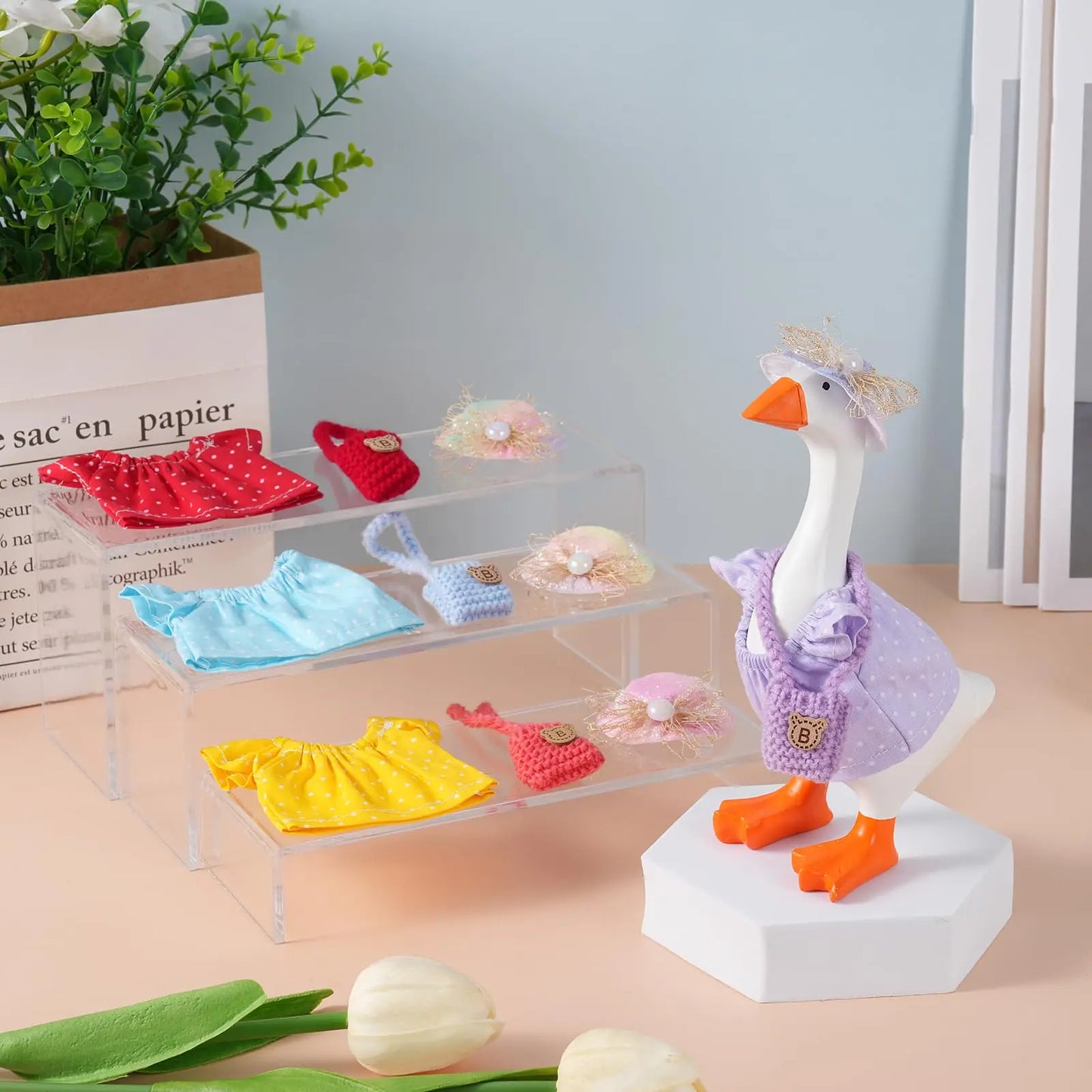Desk Goose Clothes 7 Inches, Cute Mini Goose Summer Outfits Including Hat Dress and Bag Desk Goose Accessories