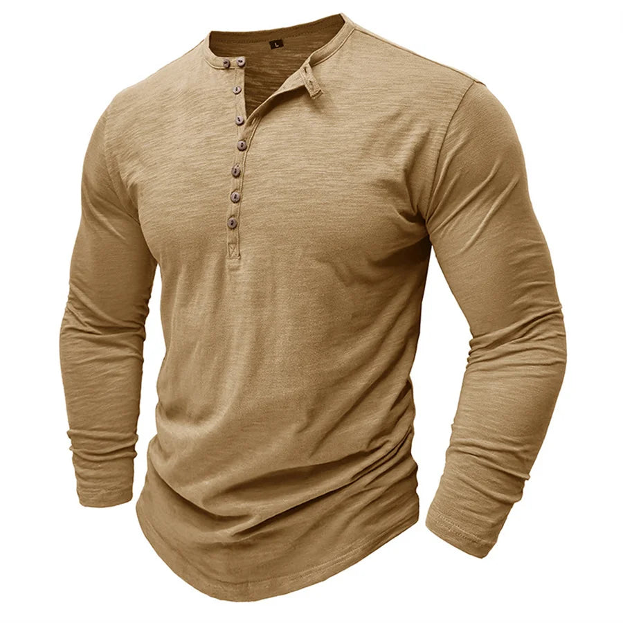 Men's 100% Cotton Henley T-Shirt Quality Long Sleeve Basic T Shirt