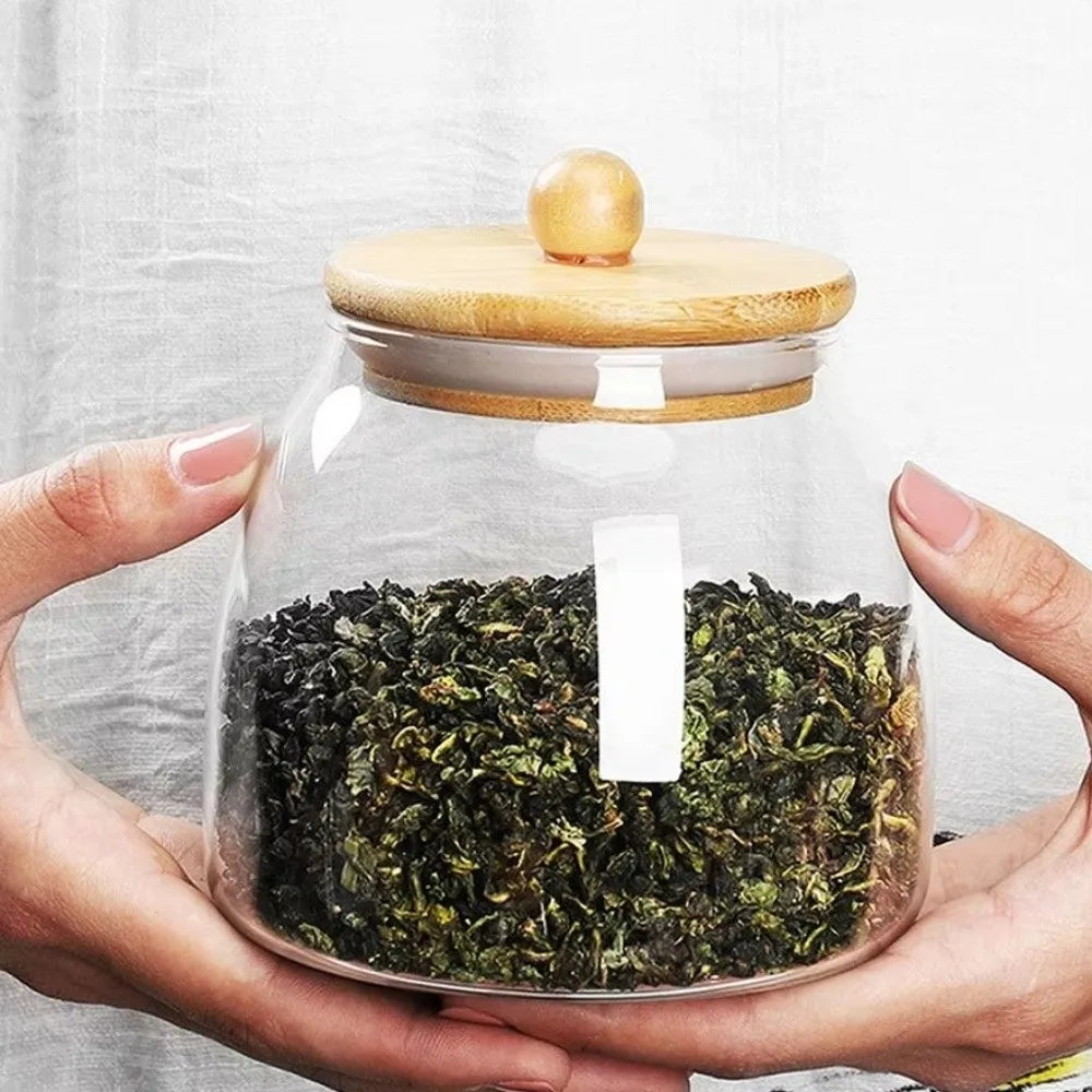 Transparent Airtight Glass Containers Moisture Proof Large Capacity Tea Storage Jar Wooden Lid Food Storage Container