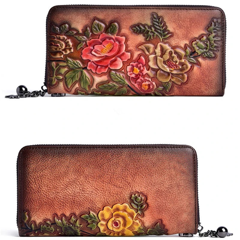 Nesitu Highend Vintage Long Size Flower Brown Coffee Red Top Grain Genuine Leather Women Clutch Wallet Lady Phone Purse M004