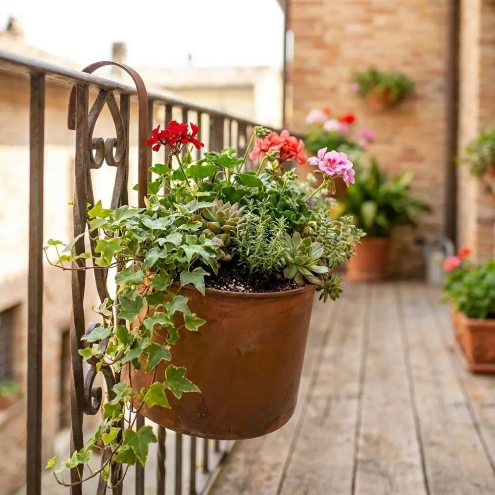 Handcrafted Wall Hanging Flower Bucket Antique Styles Rusted Iron Hanging Flowerpot Weather-Resistant Unique Metal Plant Hangers