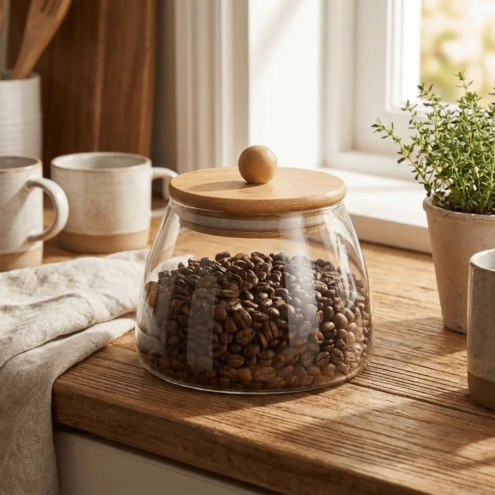 Transparent Airtight Glass Containers Moisture Proof Large Capacity Tea Storage Jar Wooden Lid Food Storage Container