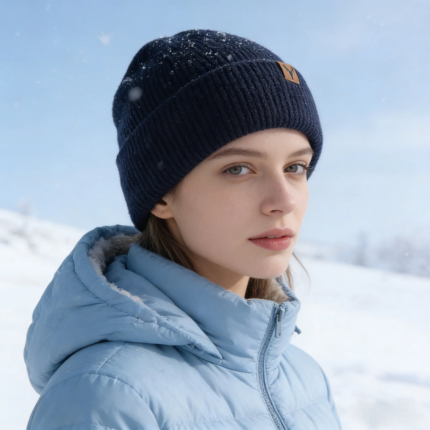 Winter Hat Plush Fleece-Lined Knit Cap--Knitted Hat w Deer Head Patch Accent