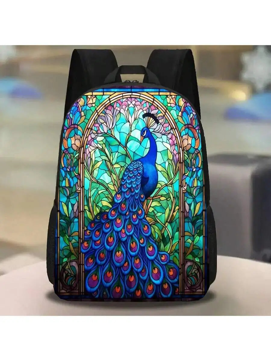 Stained Glass Peacock Print Backpack 17 Inch Large Capacity Lightweight Unisex School Travel Bag